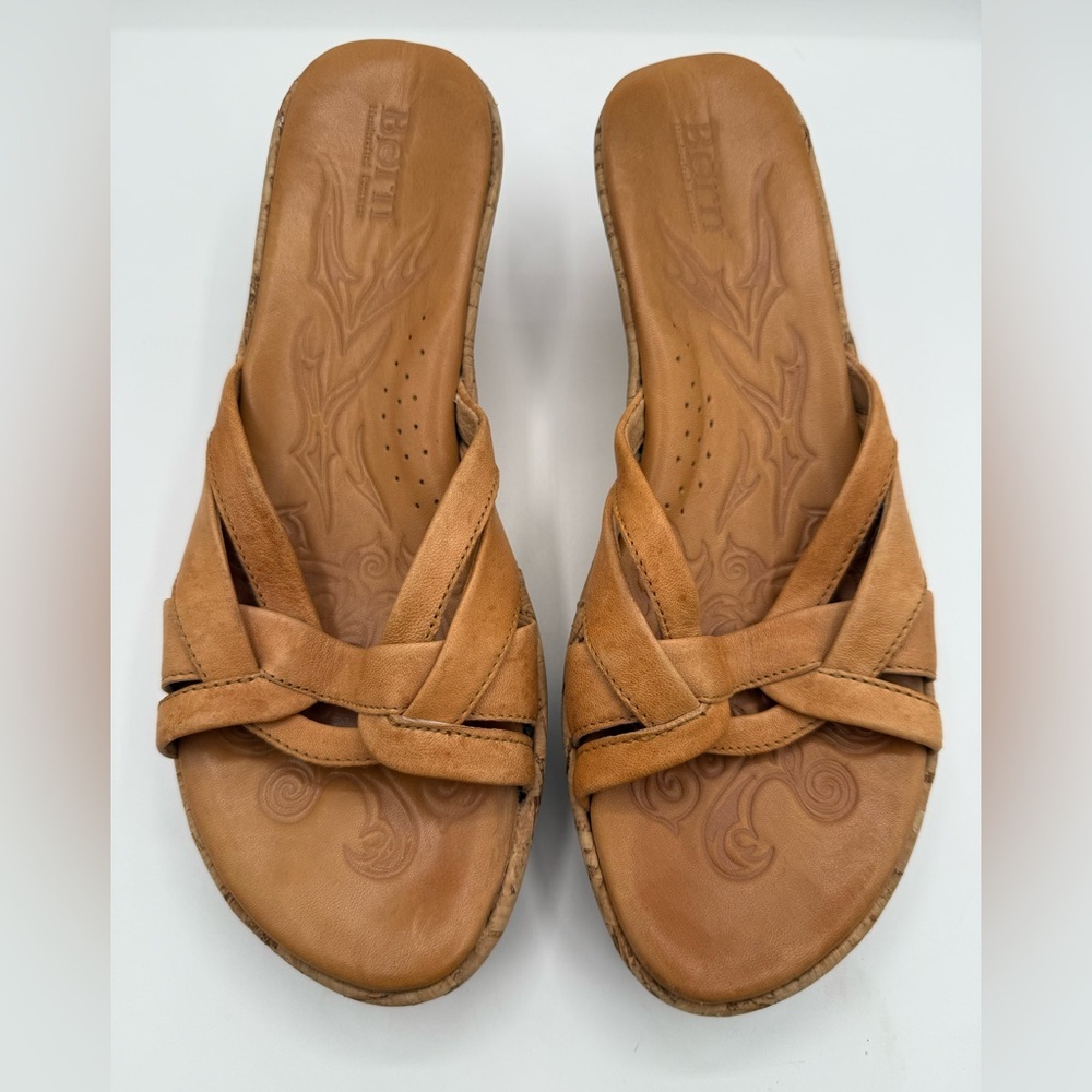 Born Tan Leather Mules with Interwoven Straps